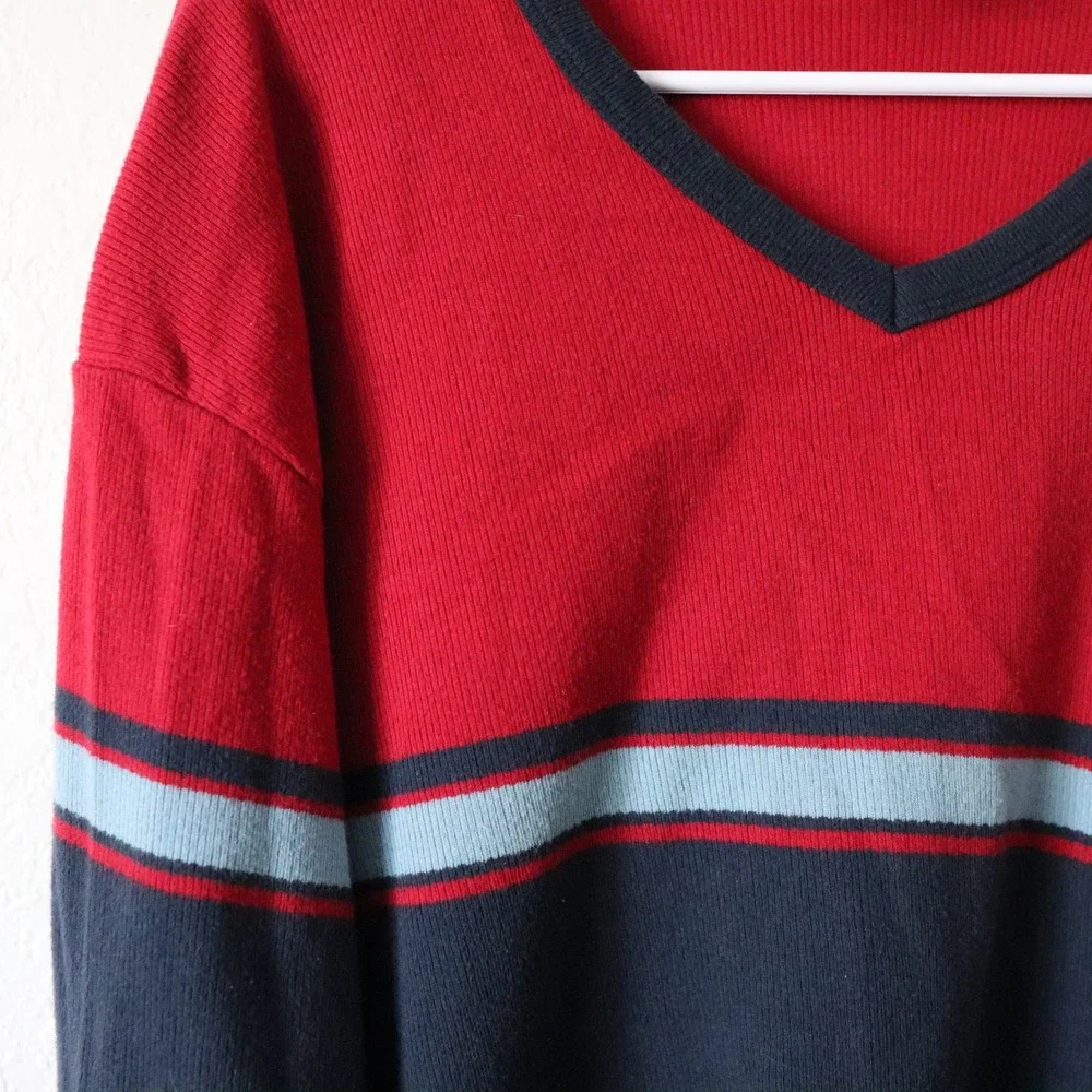 Old Navy Mens Red Navy Blue Stripe V Neck‎ Long Sleeve Sweater XL Cotton Vintage
